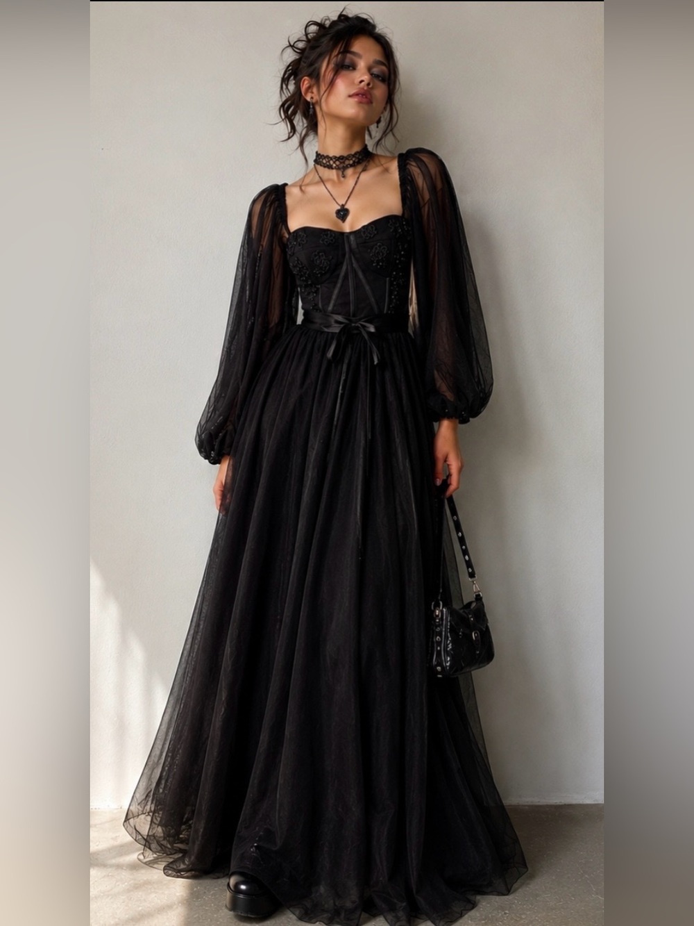 Black Gothic Corset Tulle Maxi Dress Sheer Puff Sleeve Dark Fairy Prom Renfair 4 - Picture 2 of 14